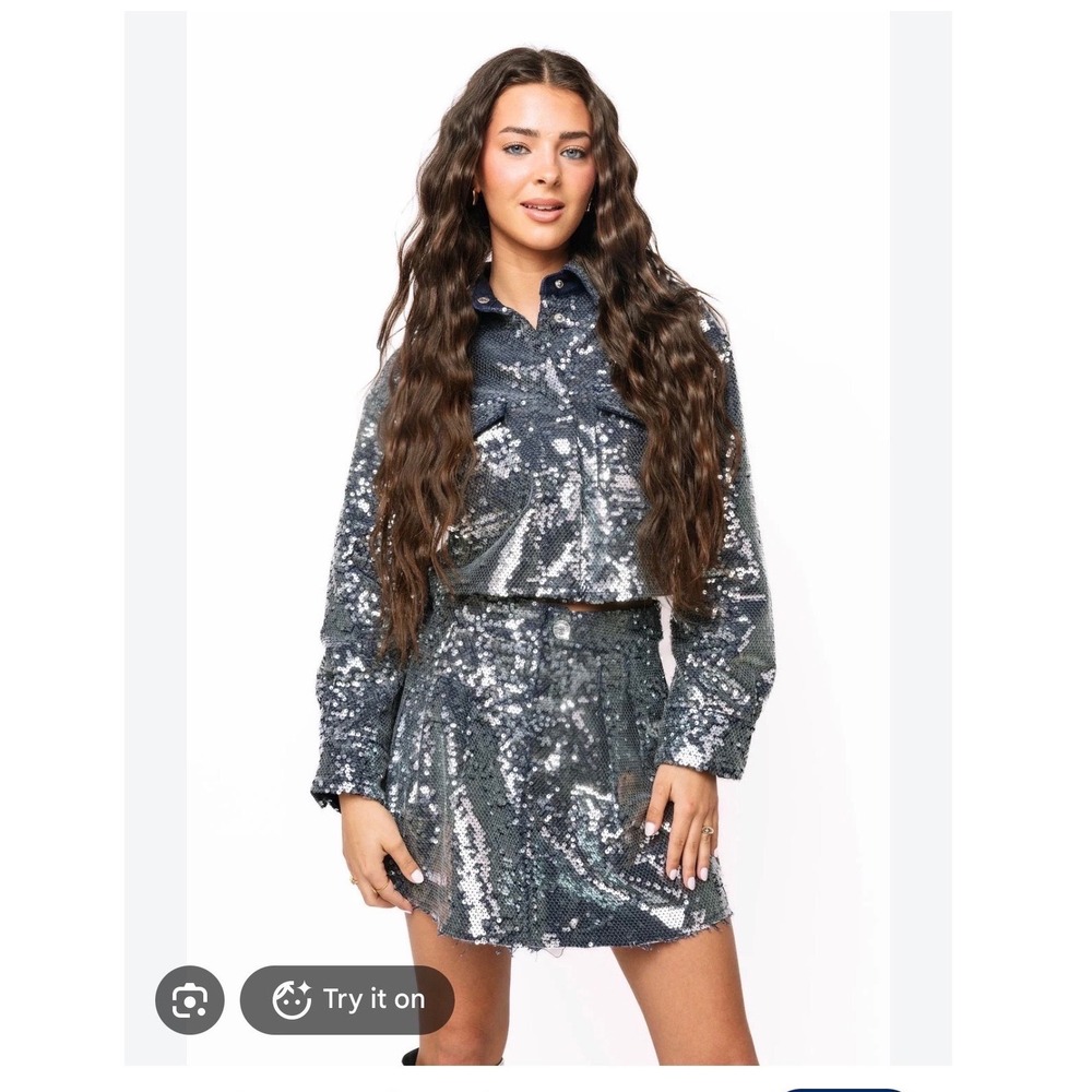 Queen of Sparkles Navy Full Sequin Crop Button Down Jacket & Skort Set XS NEW